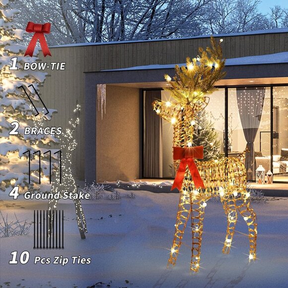 Light Up 3D Rattan Christmas Reindeer 47" w/ 70 LED Lights Outdoor Xmas Decor - Picture 4 of 5